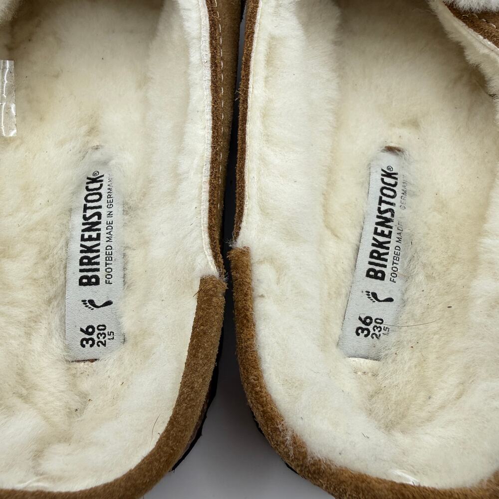 Birkenstock NWOT Buckley Shearling Tea/Natural Suede Leather Clog Mules Sz 36 - Picture 2 of 9